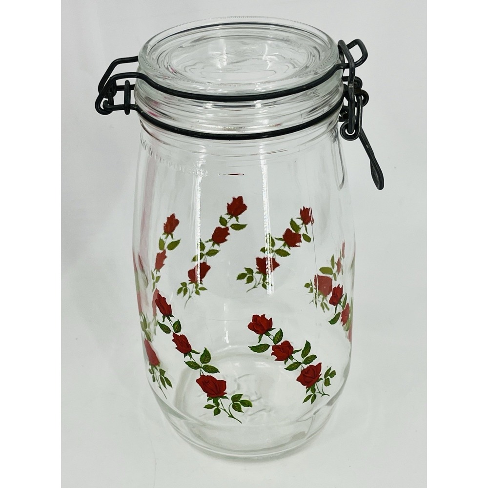 Vintage Arc Red Roses Flowers 1.5 Liter Glass Cannister Jar France Latched Lid